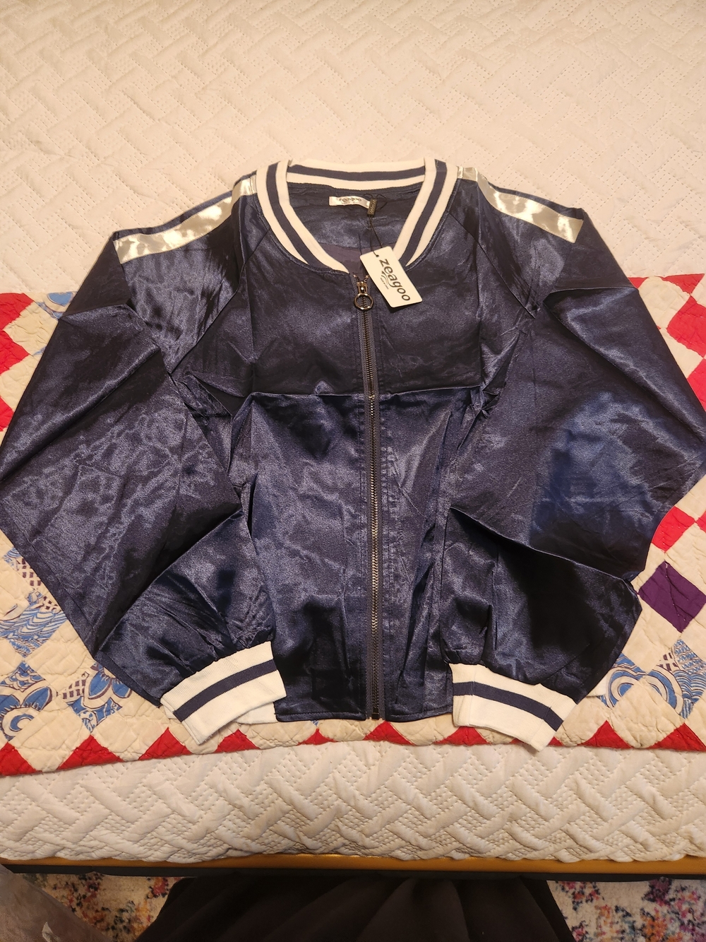 zeagoo Navy Satin Bomber Jacket with White Stripe Trim